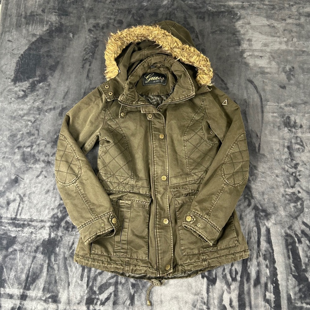 Guess Parka Jacket Womens Small Olive Green Faux‎ Fur Hood Quilted Utility Coat